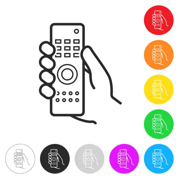 Vector illustration of Hand holding remote control. Icon on colorful buttons