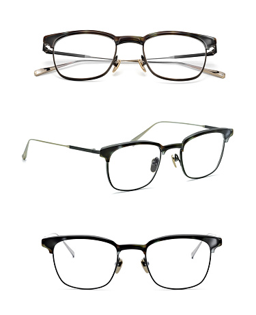 Set of eyeglasses isolated on white background. Handmade eyewear spectacles with shiny stainless frames for reading daily life to a person with visual impairment.