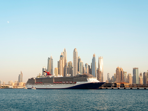 Dubai/UAE - November 15 2021: Carnival Spirit Cruise ship in the port of Dubai.