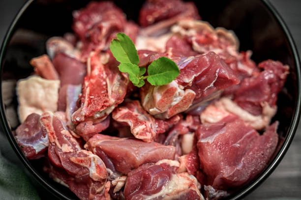 istock Chopped raw meat on black background , top view . raw Lamb and mutton meat isolated. 1397328393