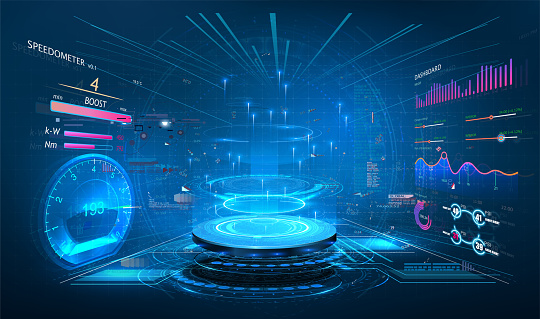 Empty blue neon futuristic stage and platform. A fantastic circular portal, a hologram of teleportation devices. HUD projector, magic portal, circular teleportation podium. Display with data. Vector