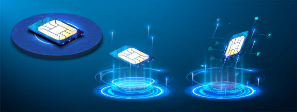 Sign of the sim card chip. Holographic projection. a new modern innovative SIM card. Embedded SIM concept. New mobile communication technology and processor background circuit board. Vector Sign of the sim card chip. Holographic projection. a new modern innovative SIM card. Embedded SIM concept. technology creation stock illustrations