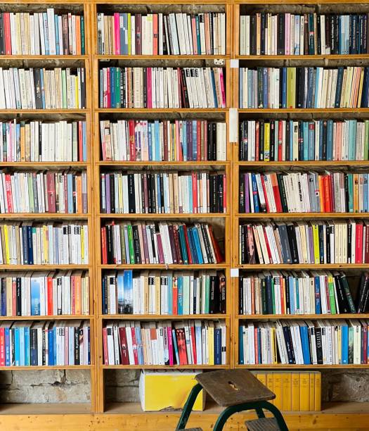 istock Bookshelves fully packed, brown wood 1397331059