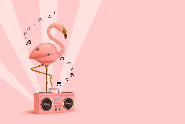 istock Pink flamingo with Music player. Realistic 3d design of objects. Musical summer concept background. Vector illustration 1397333000