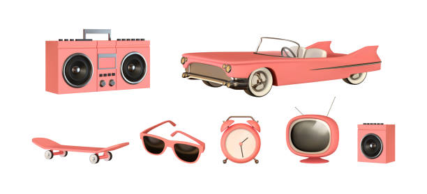 istock Set of realistic 3d design objects, pink convertible car, retro tape recorder, modern sun goggles, vintage TV, sports skateboard, music column, alarm clock. Vector illustration 1397333036