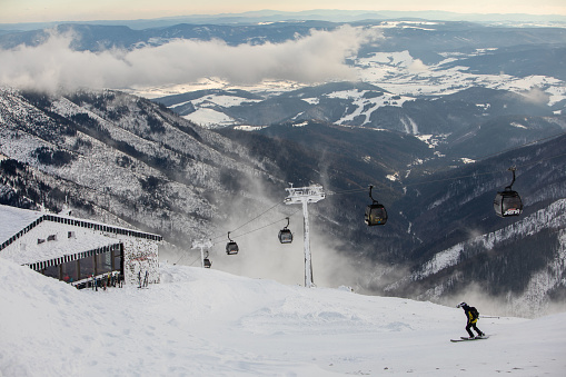 Slovakia, Jasna - February 3, 2022: ski lift cabin at the top of Chopok mountain ski resort