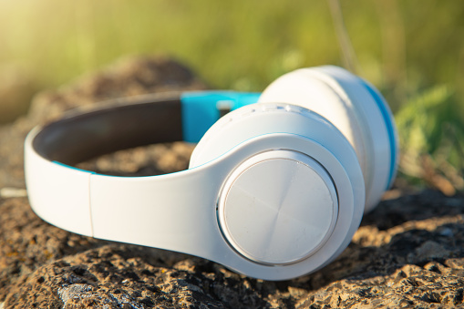 Closeup of headphones at outdoor.
