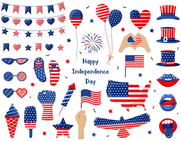 Vector illustration of A set of elements for celebrating the Independence Day of the USA. Patriotic symbols in colors of American flag. July 4th. For greeting card, t shirt print, web design. Vector illustration on white.