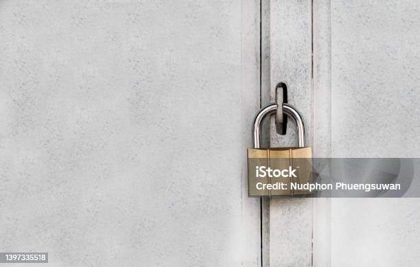Metal Padlock On Door Steel With Copy Space Concept Of Safe Lock And Protection Concept Stock Photo - Download Image Now