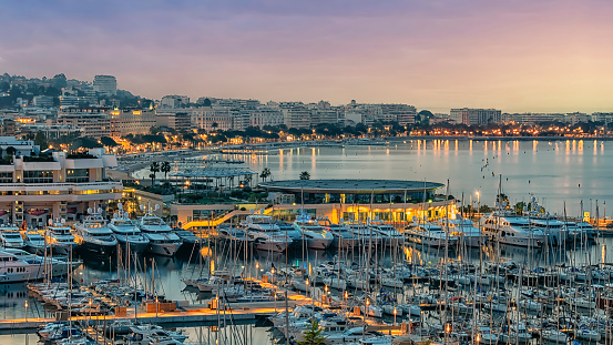 Old harbor in Cannes at sunrise