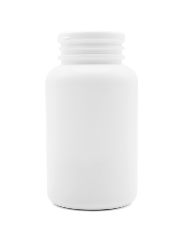 White plastic medicine bottle isolated on white with clipping path, medical and drug concept, front view photo
