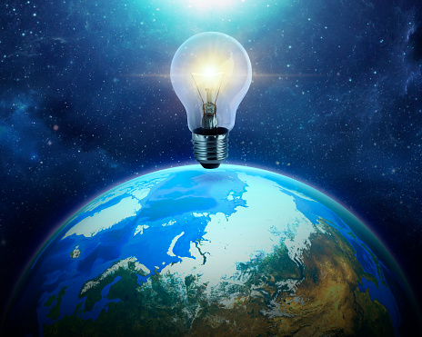 glowing light bulb. blue earth in space colorful solar system. Self learning or education knowledge and business studying concept. 3d render