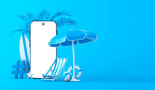 istock Blank screen mobile smart phone, beach umbrella and beach accessories 1397342995