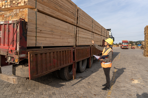 The female worker next to the truck is checking the wood data