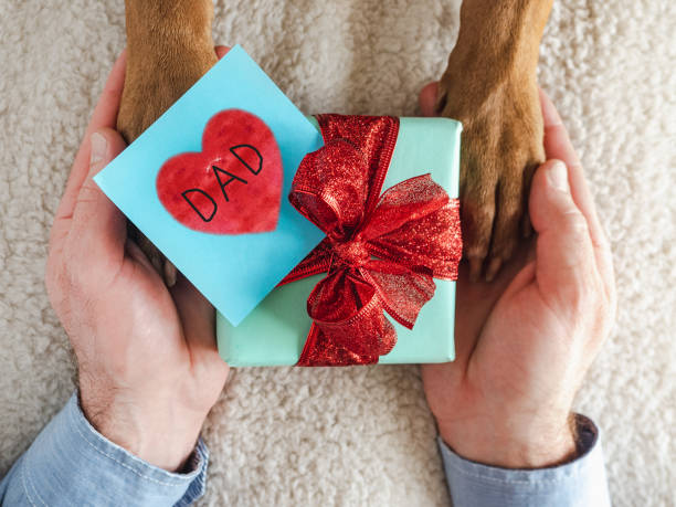 istock Dog paws, male hands and gift box 1397345504