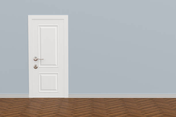 istock closed wooden door in hall. 3D illustration 1397347447