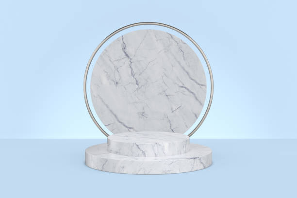 istock Round marble podium on blue background. 3D illustration 1397347448