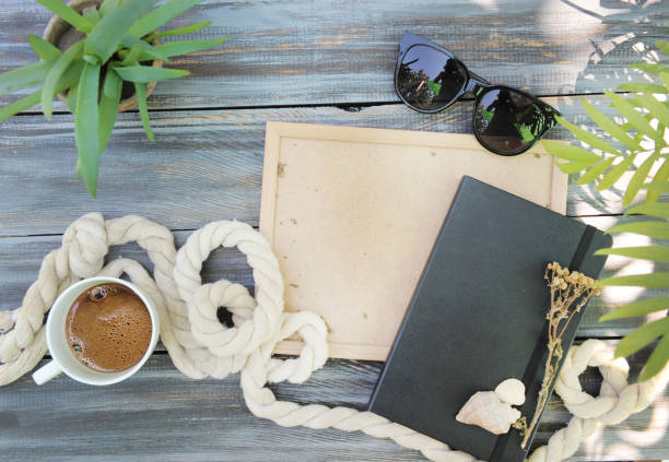istock Template with empty wooden frame, coffee, outdoor summer photo 1397349218