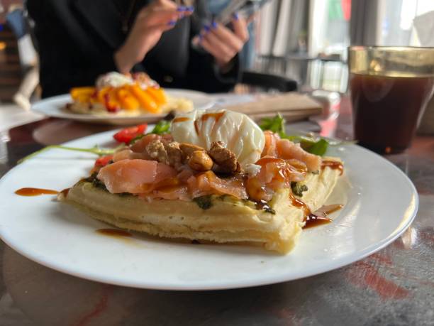 istock Belgian waffle with salmon and poached egg 1397352281
