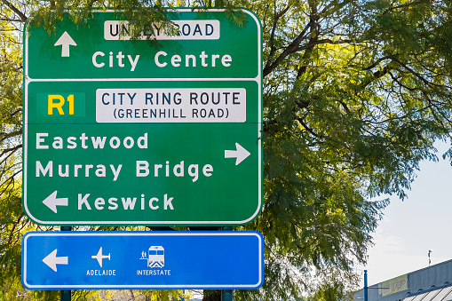 Road sign showing directions in Adelaide, South Australia