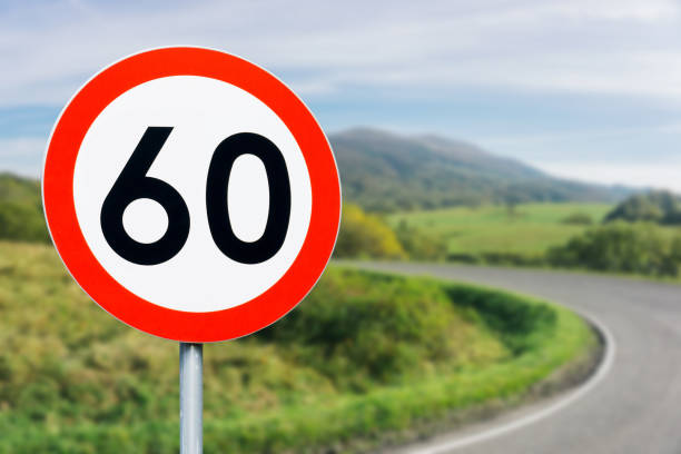 istock Speed limit sign with curvy road behind. Maximum sixty kilometers per hour. Safety on road background. White round sign red border line. Traffic ticket background. 1397353036
