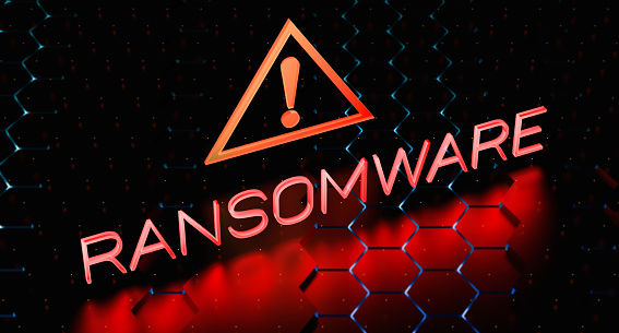 The Ransomware concept with a red neon alert sign with a blurred background.