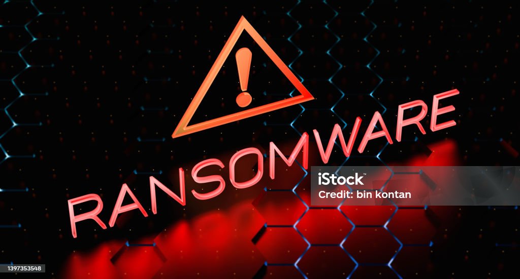 Ransomware concept with a red neon alert sign with a blurred background. The Ransomware concept with a red neon alert sign with a blurred background. Ransomware Stock Photo