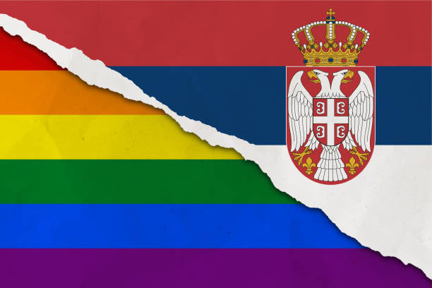 serbien und regenbogenflagge zerrissen papier grunge hintergrund. konfliktbegriff und lgbt-rechte. serbien vs lgbt-community-metapher. spannung und krise für bürgerrechte und gay pride, freiheit und liebeskonzept - gay man gay pride civil rights pride stock-fotos und bilder