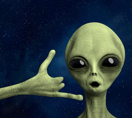 Friendly Alien making a call me hand gesture