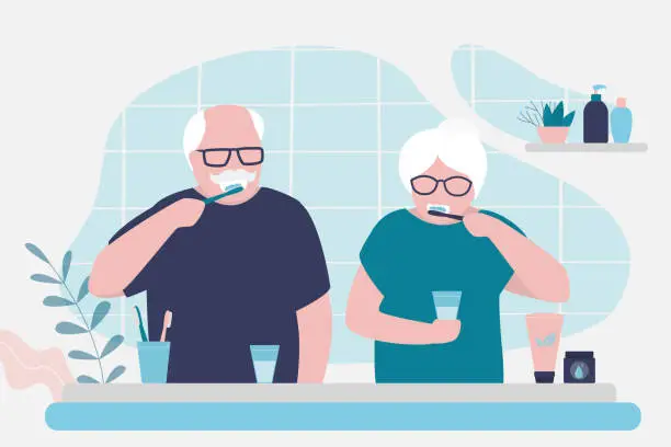 Vector illustration of Older couple doing morning routine together. Grandma and grandpa brushing teeth in bathroom