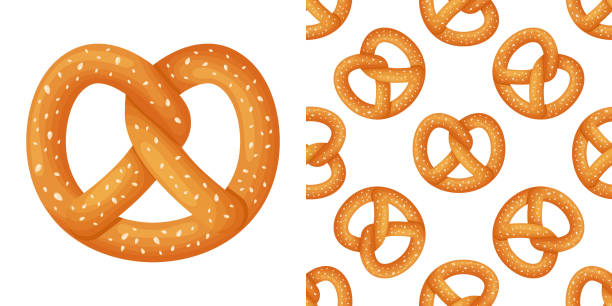 고립 된 배경에 바이에른 프레첼 원활한 패턴. 벡터 만화 일러스트레이션. 벡터 일러스트레이션 - pretzel stock illustrations