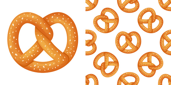 Bavarian pretzel seamless pattern on isolated background. Vector cartoon illustration. Vector illustration