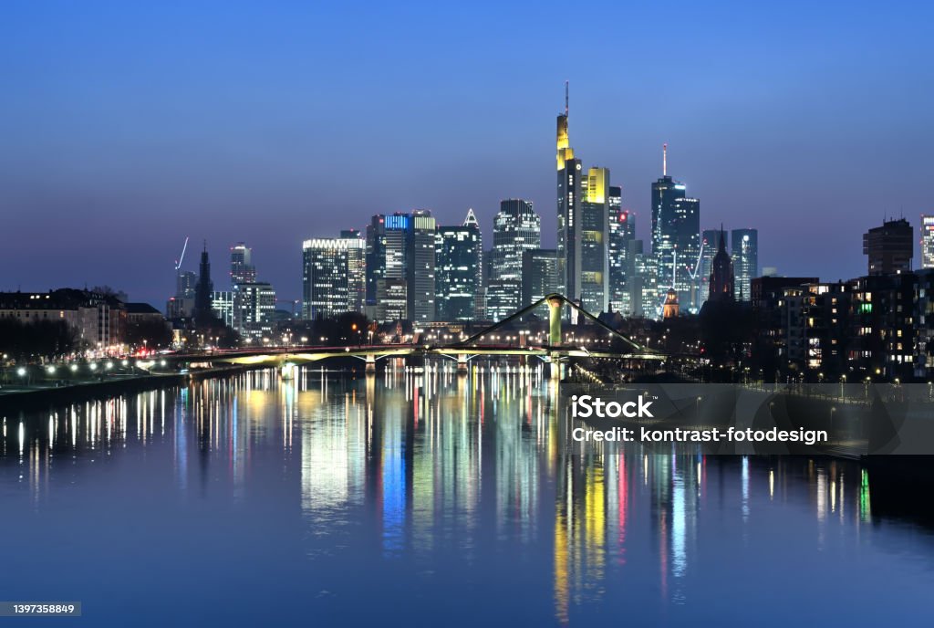 Skyline Frankfurt am Main Skyline of Frankfurt am Main at dusk Architecture Stock Photo
