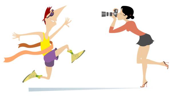 stockillustraties, clipart, cartoons en iconen met running man, winner ribbon, photographer - direct klaar camera