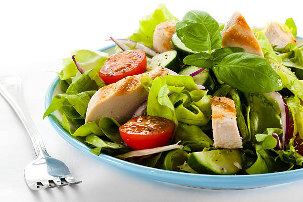 istock A vegetable salad on a blue plate with grilled chicken 139735991