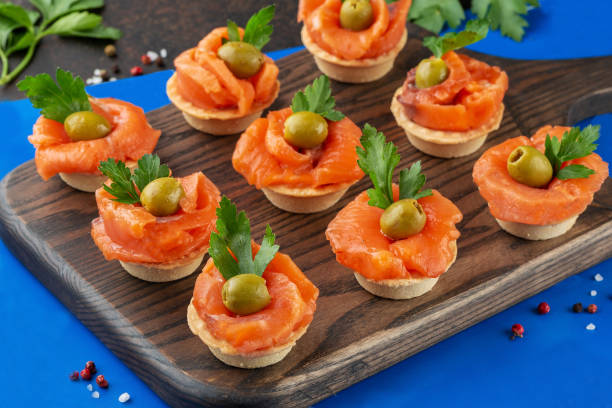 tartlets with cream cheese and smoked salmon stock photo