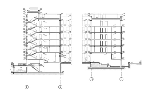 Multistory building detailed architectural technical cross section drawing, vector blueprint