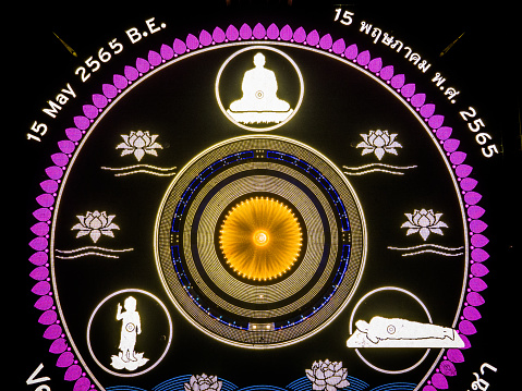 Aerial view of 210,000 LED lanterns at Wat Phra Dhammakaya during Visakha Bucha Day 2022. Wat Phra Dhammakaya commemorates International Vesak Day (Visakha Bucha) by lighting 210,000 LEDs depicting the Lord Buddha's Birth, Enlightenment, and Great Decease.