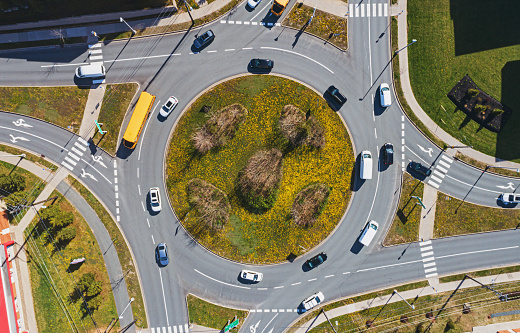 Aerial drone view of a school bus & traffic in a roundabout.