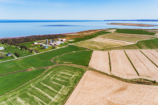 Aerial drone view of farmland protected by dykes. Grand Pre, Nova Scotia.