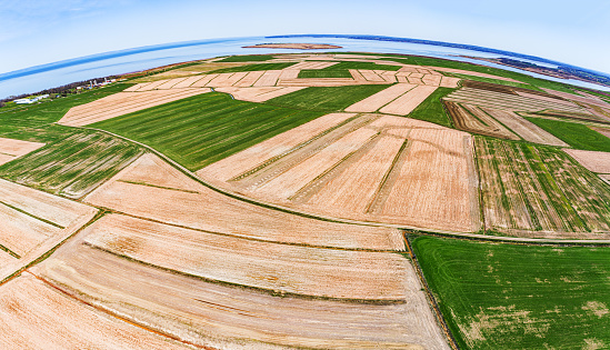 Aerial drone view of farmland protected by dykes. Grand Pre, Nova Scotia.