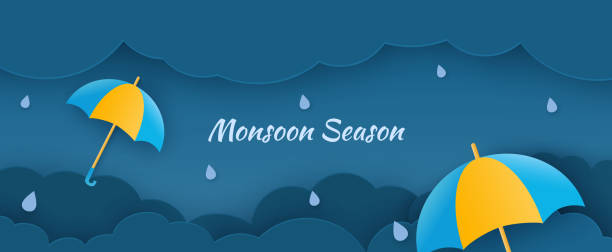 istock Poster template for Great Monsoon Sale design with colorful umbrellas embellished on paper cut blue clouds background. Vector 1397363587