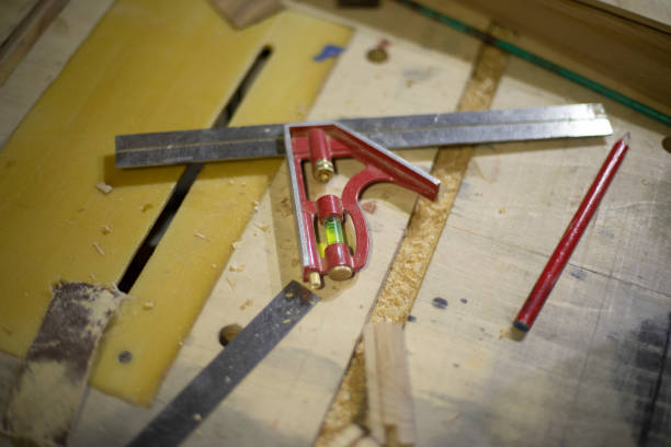istock Line and level in workshop. Tool for measurements. Details of carpentry. 1397364878
