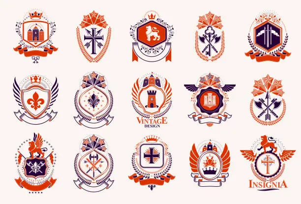 Vector illustration of Heraldic Coat of Arms vector big set, vintage antique heraldic badges and awards collection, symbols in classic style design elements, family or business logos.