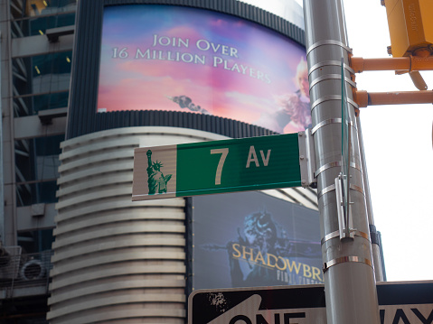 New York, USA - June 19, 2019: 7th Avenue street sign near Times Square.