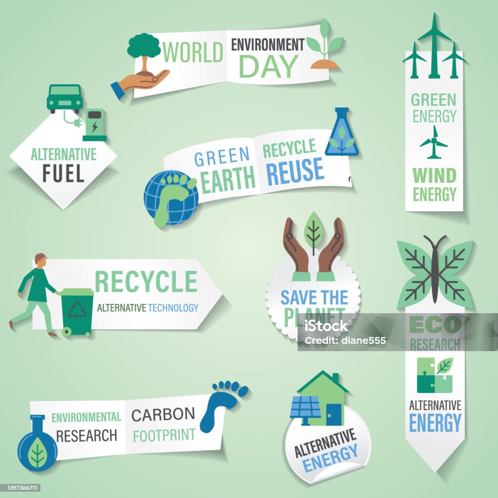 Environment Layout Sticker Flat Color Environment Banner Sticker Set Stock Illustration - Download ...