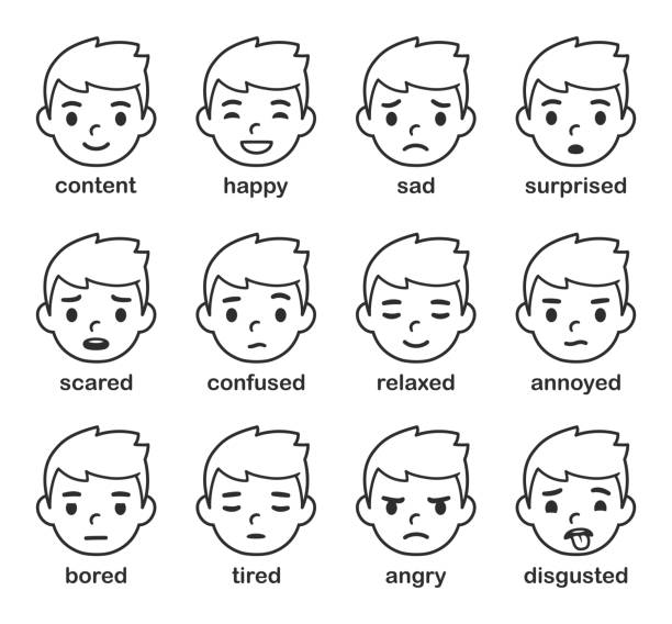 Cartoon boy face with different emotions vector art illustration