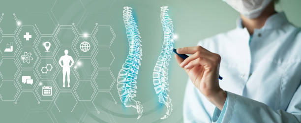 médica irreconhecível segurando modelo de visualização virtual gráfica do órgão vertebral da coluna nas mãos. vários ícones médicos no fundo. - orthopedics - fotografias e filmes do acervo