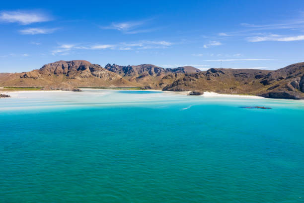 Balandra Beach in Mexico La Paz Playa Balandra in Mexico La Paz. thriving nature of Balandra Bay from above. Drone arial view photo to pristine blue waters of Playa Balandra paradise beach with white sand popular tourist destination baja california sur stock pictures, royalty-free photos & images