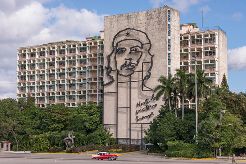 Havana, Cuba - January 19, 2016: Government building and history museum with the image of Che Guevara on the facade